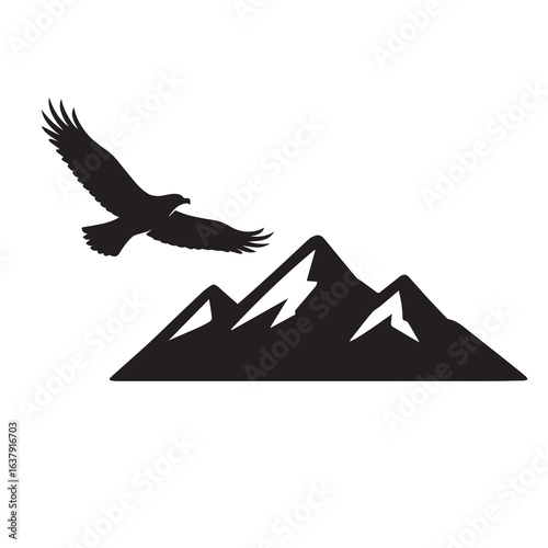 Black silhouette vector of an eagle flying above mountain peaks, clean minimal style, isolated on white background.
