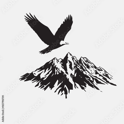 Black silhouette vector of a majestic eagle in mid-flight, its wings outstretched and feathers detailed, soaring above rugged mountain peaks with snow-capped tips, t shirt design