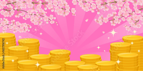 春の桜と積み上がったコインの背景_ベクターイラスト
