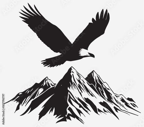 Black silhouette vector of a majestic eagle in mid-flight, its wings outstretched and feathers detailed, soaring above rugged mountain peaks with snow-capped tips, t shirt design