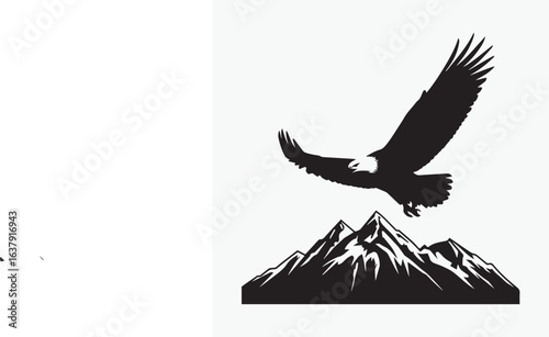 Black silhouette vector of a majestic eagle in mid-flight, its wings outstretched and feathers detailed, soaring above rugged mountain peaks with snow-capped tips, t shirt design