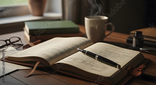 Open Journal and Fountain Pen on Wooden Desk