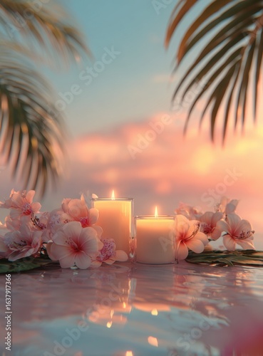 Tranquil scene featuring lit candles, vibrant flowers, and palm fronds set against a soft, colorful sunset sky.
