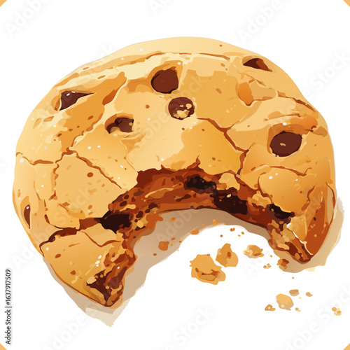 Vector illustration of a chocolate chip bitten cookie with glossy surface and round shape on white background, flatlay, top view. Vector illustration of chocolate dessert on white background