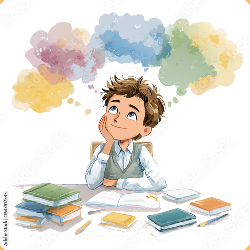 Vector illustration of a dreamy boy with ADHD sitting at a school desk, lost in thought, surrounded by colorful clouds and stars, books and papers on the desk, isolated on white background