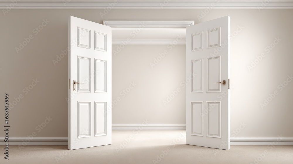 Fototapeta premium Open Doors to Opportunity: Inviting Entrance in a Bright, Neutral Room Interior, Symbolizing New Beginnings
