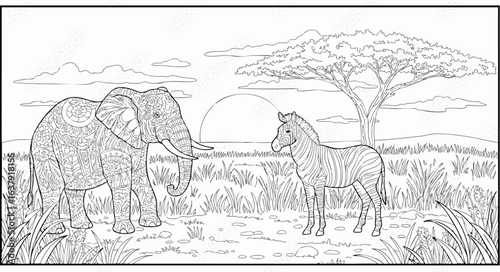 Naklejka premium Intricate Elephant and Zebra African Savanna Coloring Page