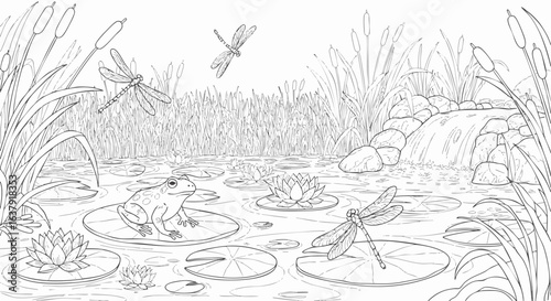 Serene Pond Scene Frog, Dragonflies, and Water Lilies Coloring Page