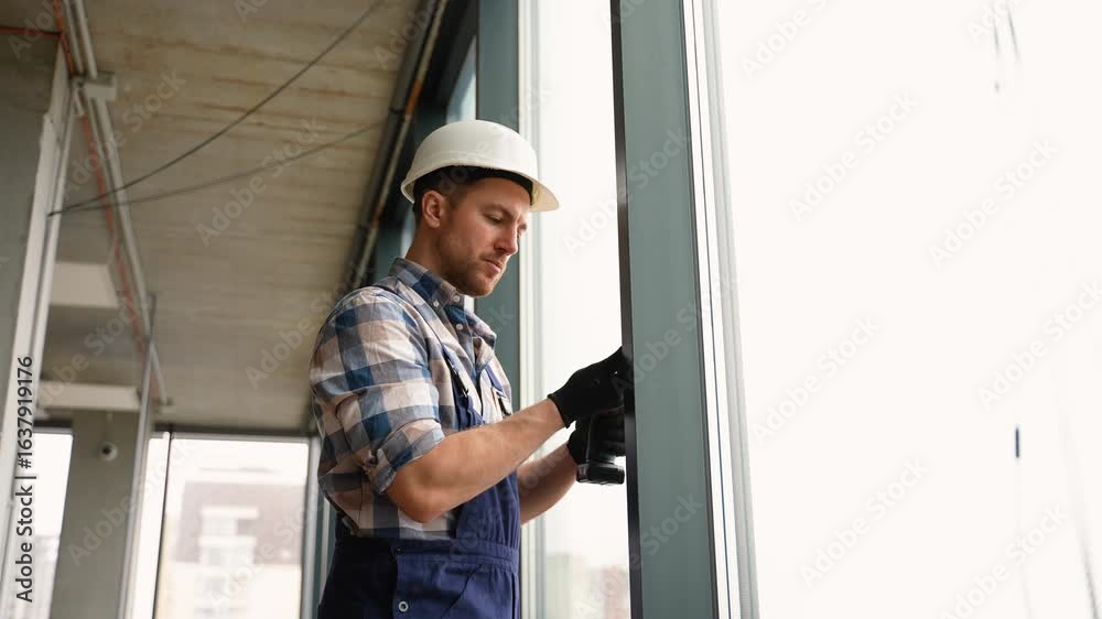 Construction worker installing a window in a building Construction worker installing a window in a building