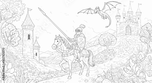 A brave knight on horseback, armed with a lance and shield, embarks on an adventure towards a majestic castle, while a dragon soars through the sky