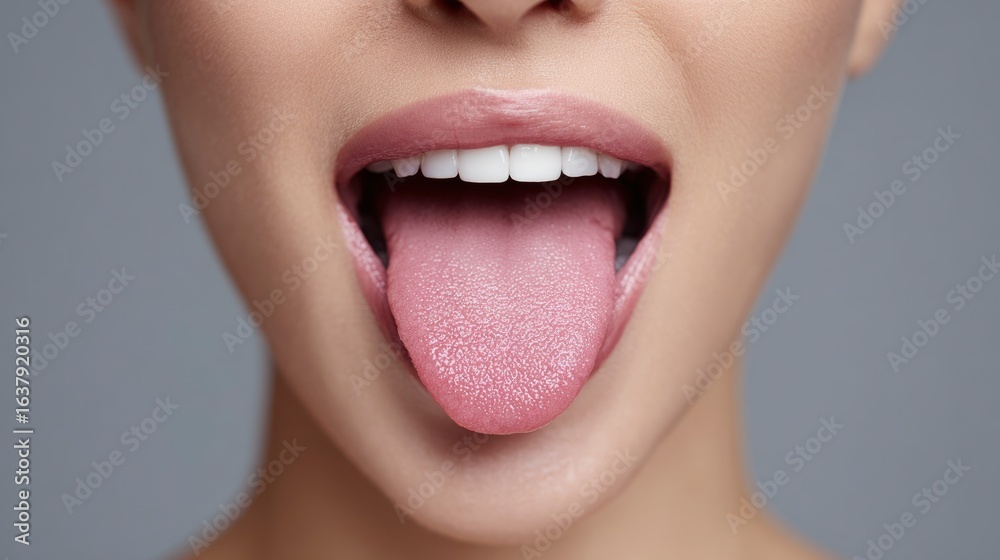 Obraz premium Young woman showing her pink tongue and healthy teeth, close-up on open mouth with clear skin. A concept photo for oral hygiene and health.
