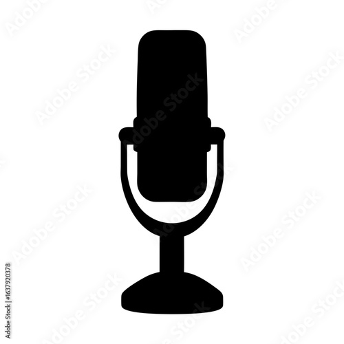 Black silhouette of a vintage microphone standing on a stand, isolated
