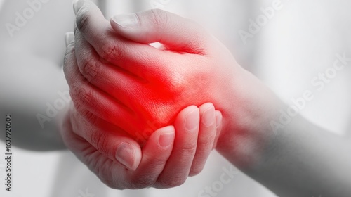 Woman holding her hand with a bright red highlight, showcasing pain, joint inflammation, or a medical injury.