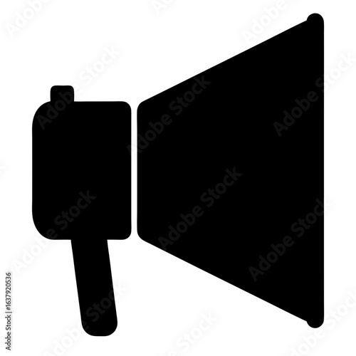 Simple black megaphone, bullhorn, announcement icon with a thick handle, illustration.