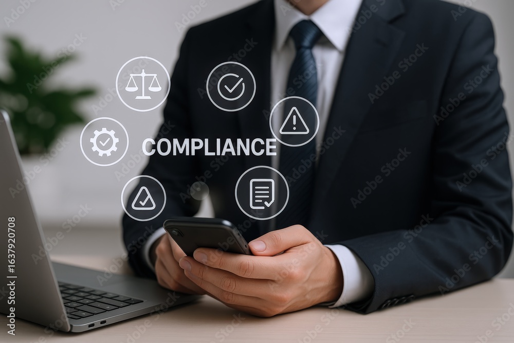 Naklejka premium Compliance Concept: Businessman Using Smartphone with Regulatory Icons Illustrating Legal and Ethical Standards