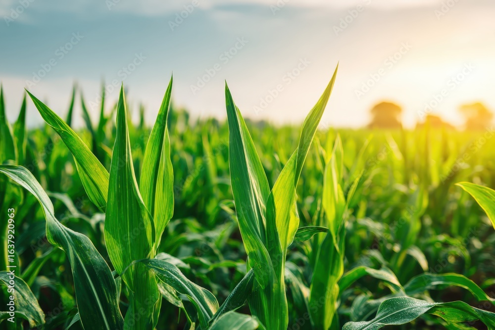 Fototapeta premium Lush Green Cornfield Agriculture at Sunset: Capturing the Beauty of Rural Farmland and Sustainable Harvest