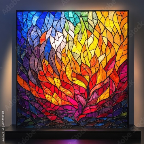 Vibrant abstract stained glass artwork with fiery flames and cool blue tones showcasing an intricate mosaic design illuminated from behind in a modern display setting