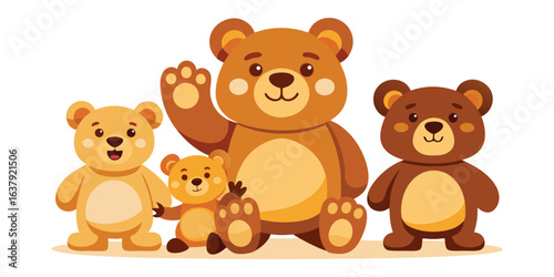 Four Cartoon Teddy Bears of Different Sizes and Colors Posed Together on White stuffed animal