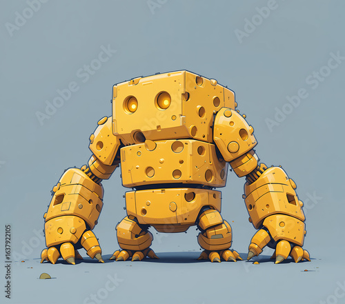 Whimsical Cartoon Robot Character Made of Cheese with Glowing Eyes on a Solid Grey Background