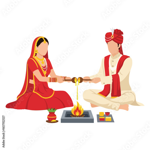 Minimal Hindu Wedding Havan Ritual Ghee Offering Vector Illustration
