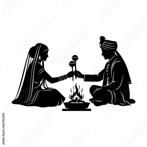 Minimal Hindu Wedding Havan Ritual Ghee Offering Vector Illustration