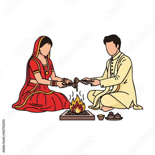 Minimal Hindu Wedding Havan Ritual Ghee Offering Vector Illustration