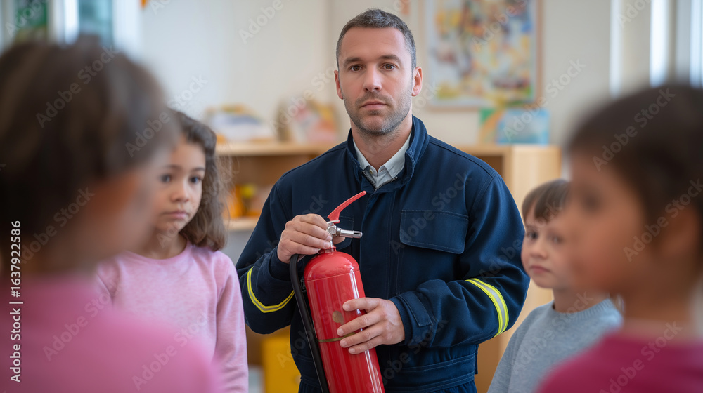 Obraz premium Firefighter Teaches Children Fire Extinguisher Use in School Safety Lesson