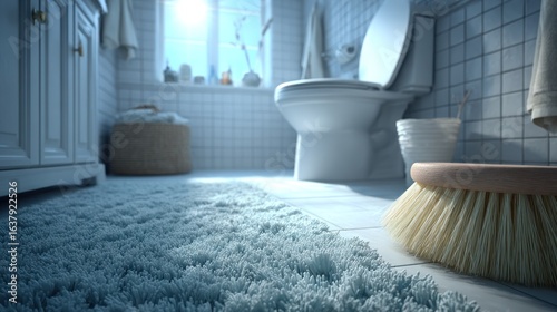 Bright bathroom with shaggy rug, tiles, vanity, and toilet