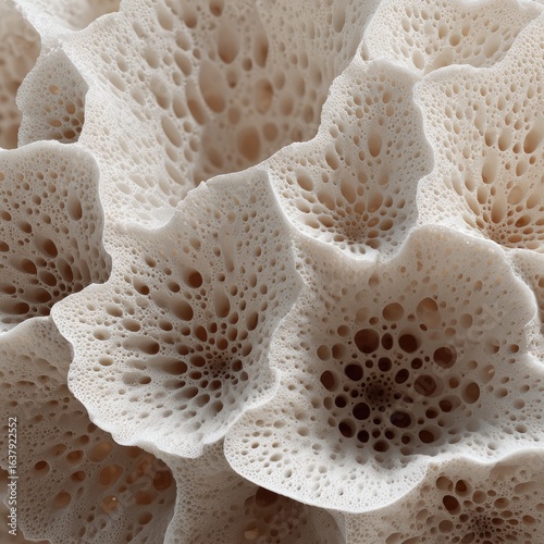 Abstract, organic forms, light beige and tan, porous, flower-like, detailed texture
