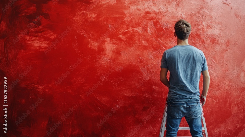 Obraz premium Man on stairs painting wall red, useful for articles about interior design and renovation process.