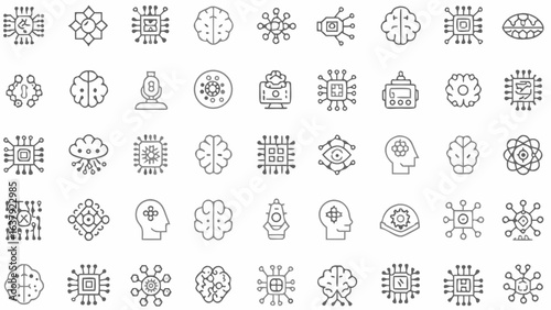 Illustration of various artificial intelligence and machine learning icons in a grid arrangement design silhouette