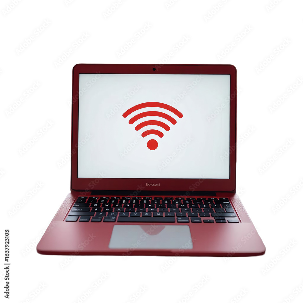 a vibrant red laptop displays a prominent wifi symbol on its screen against a plain white background. a vibrant red laptop displays a prominent wifi symbol on its screen against a plain white background.