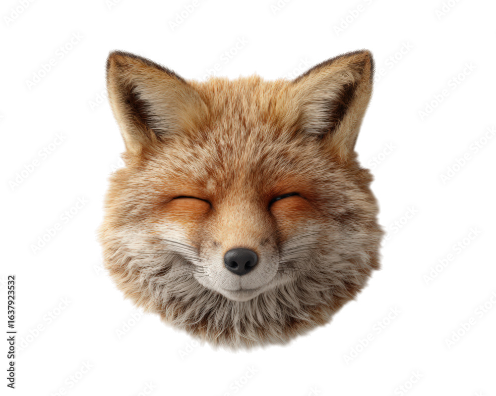 Fototapeta premium Smiling fox head fluffy fur closed eyes realistic animal portrait orange brown color cute expression isolated on transparency background detailed texture cheerful mood