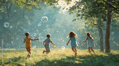 Children running in a sunlit park with bubbles.