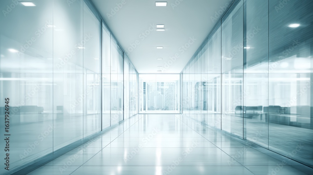 Fototapeta premium Sleek Modern Office Hallway with Glass Walls and Natural Light, Representing Corporate Architecture and Design