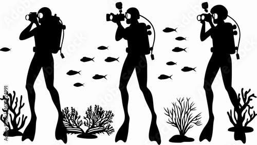 Silhouette illustration of three scuba divers with cameras surrounded by fish and coral reefs underwater | editable eps vectors