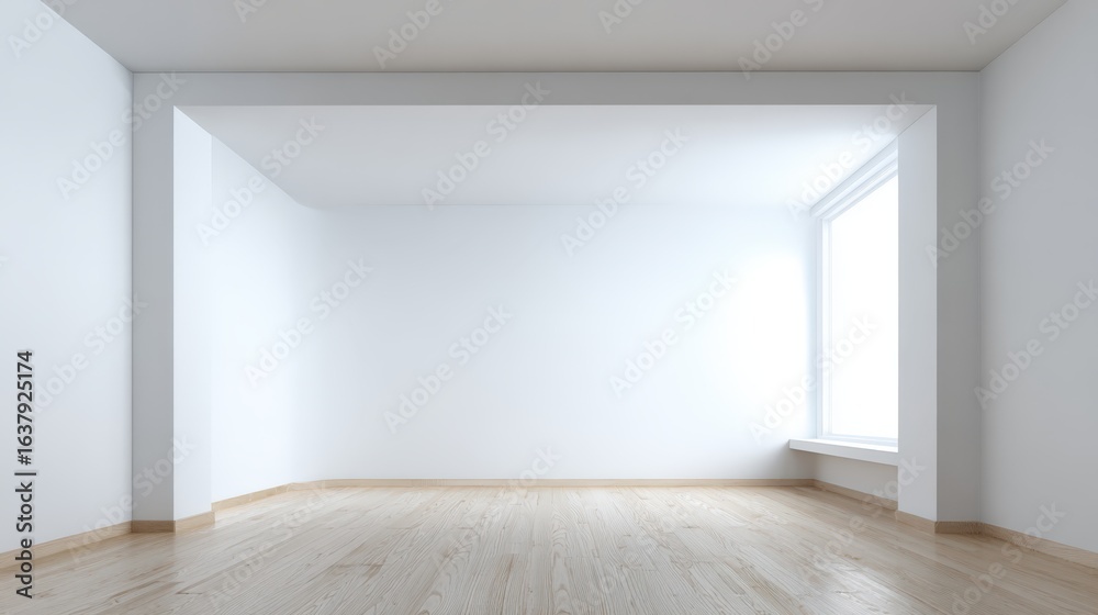 Fototapeta premium Bright empty room with white walls, wooden floor, and a large window offering natural light