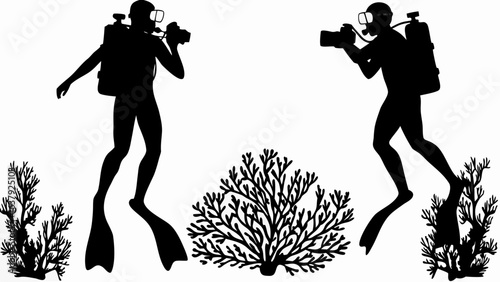 Two scuba divers with cameras exploring coral reefs in a black and white underwater illustration style | editable eps vectors silhouette