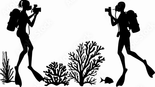 Two scuba divers in silhouette exploring coral reefs and marine life underwater with cameras in hand taking pictures | editable eps vectors