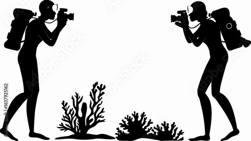Two scuba divers taking pictures of coral reefs in black silhouette on a white background underwater scene | editable eps vectors