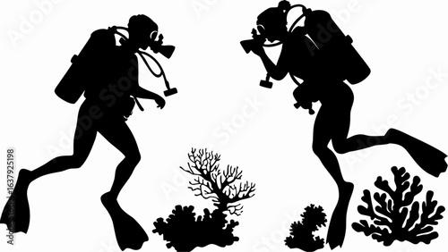 Two scuba divers explore coral reefs in silhouette, one taking pictures underwater with a camera gear set | editable eps vectors