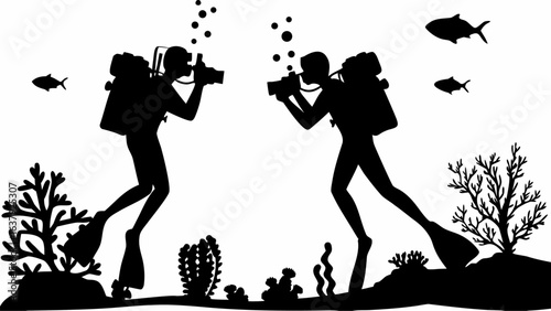Two scuba divers exploring underwater with coral and fish in a black and white silhouette scene view design | editable eps vectors
