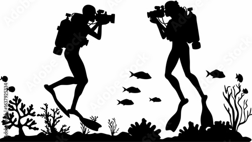 Silhouette illustration of two scuba divers with cameras exploring coral reefs and fish underwater scene | editable eps vectors