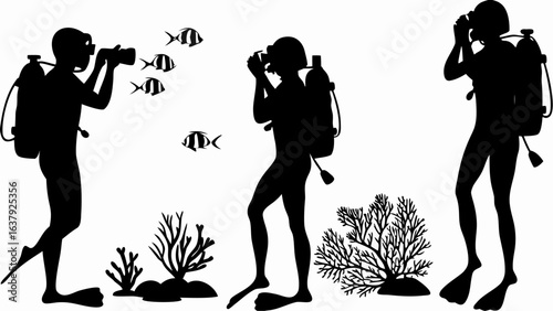 Silhouettes of scuba divers with underwater cameras and fish in a black and white ocean scene image | editable eps vectors