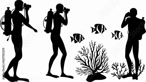 Silhouette illustration of scuba divers with oxygen tanks photographing fish and coral underwater scene | editable eps vectors
