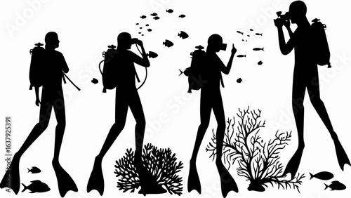 Silhouette illustration of four scuba divers exploring underwater with fish and coral reefs in black and white | editable eps vectors
