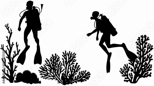 Two scuba divers explore the ocean floor surrounded by coral reefs in a black and white silhouette scene | editable eps vectors