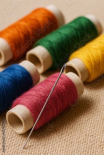 Spools of thread with a needle on burlap, closeup craft background with copy space for sewing and fashion projects.