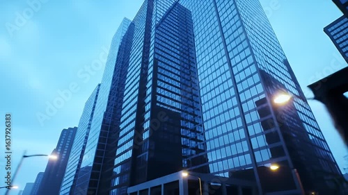 Wallpaper Mural Low Angle View Of Blue Glassy Modern City Buildings With Street Lights Under Blue Sky Torontodigital.ca