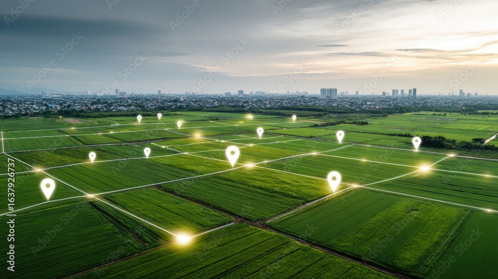 Obraz premium Green Agricultural Land Parcel with Location Markers, Representing Real Estate, Development, and Smart Farming Technology